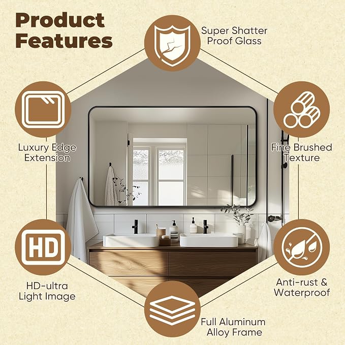 Antok Bathroom Mirror, Decorative Mirrors Vanity Mirror Aluminum Alloy Frame - Image 4