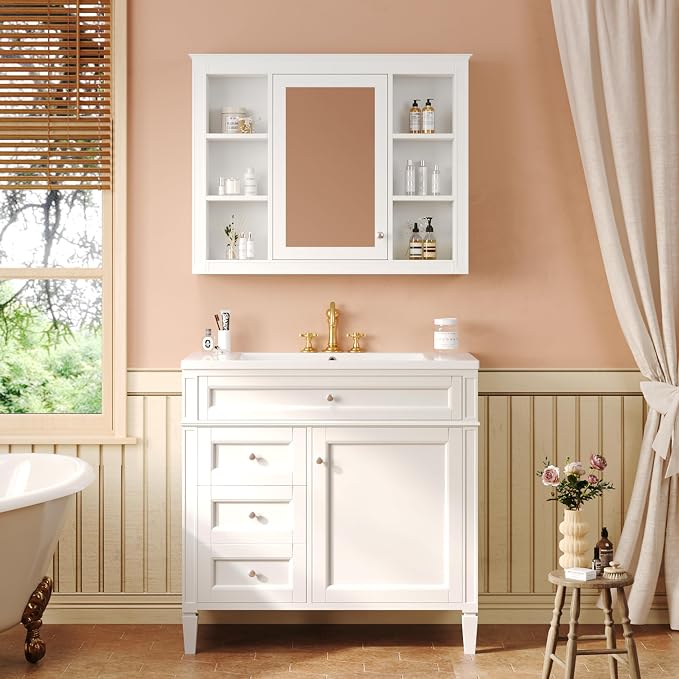 36" Bathroom Vanity with Matching Medicine Cabinet, Modern Sink Storage Cabinet by Virubi