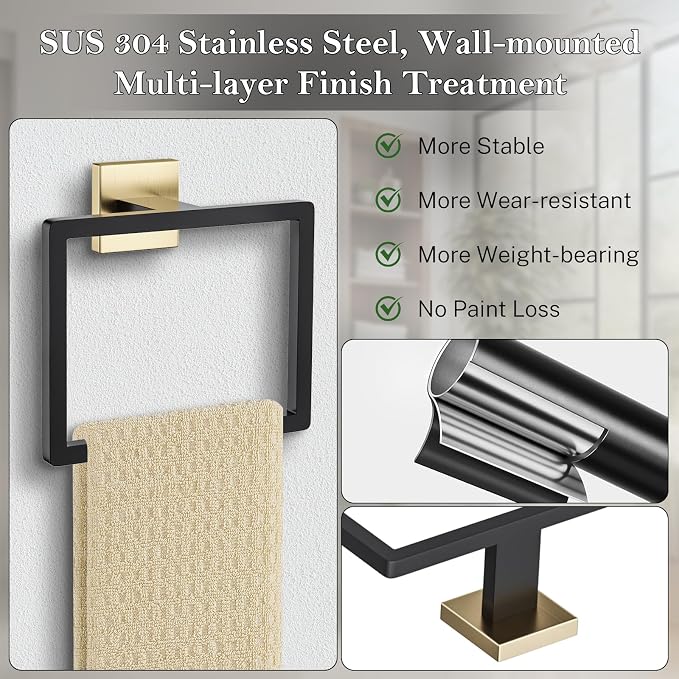 2-Piece Black Gold Towel Ring, Hand Towel Holder, Modern Towel Holder Stainless - Image 2