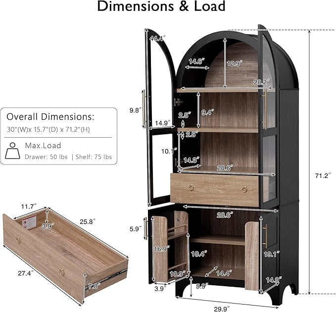 71" Tall Arched Kitchen Pantry Cabinet, Freestanding Kitchens Storage Cabinets - Image 2