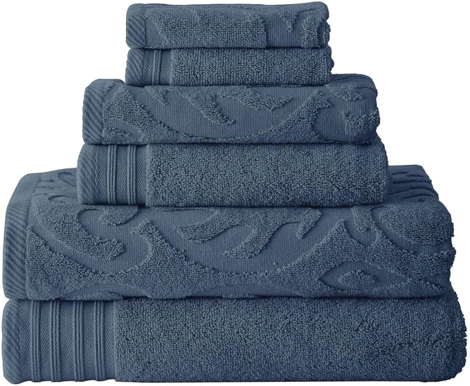 Modern Threads 6 Piece Jacquard/Solid Towel Set-Medallion Swirl Denim by ModernThreads