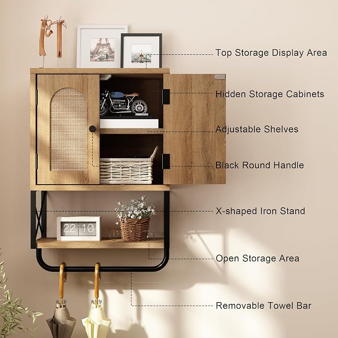 RUSTOWN Rattan Bathroom Wall Cabinet, Boho Over The Toilet Storage Cabinet - Image 7