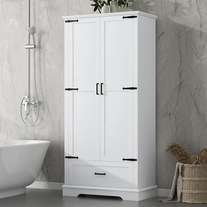 Tall Storage Cabinet with 2 Doors, 1 Drawer and Adjustable Shelf, Wood Floor - Image 4