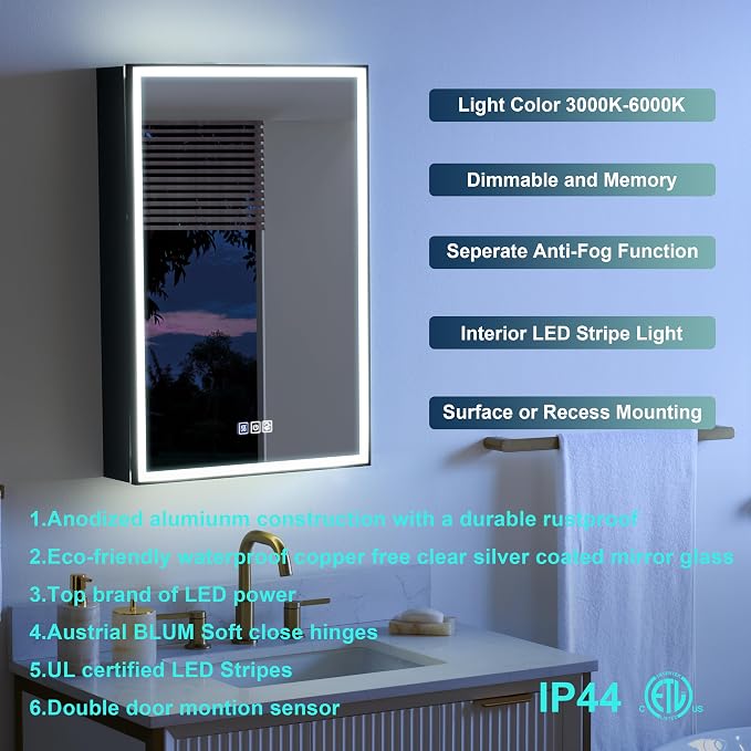 WELLFOR 20" X 30" LED Mirrored Medicine Cabinet, Medicine Cabinets - Image 6