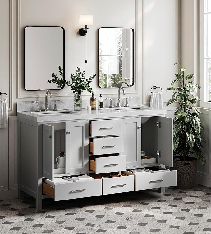 ARIEL Cambridge 60 Inch Grey Bathroom Vanity Double Sink, Solid Wood, Carrara - Image 4