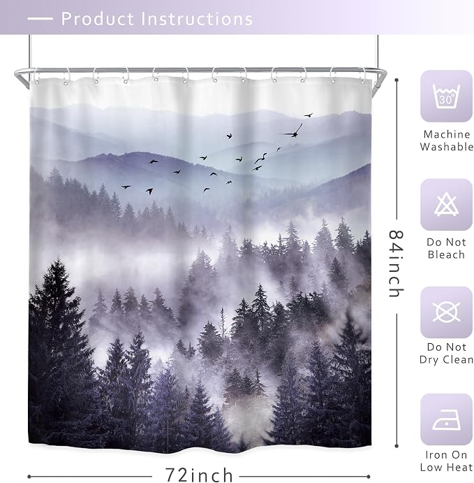 Riyidecor Purple Mountain Shower Curtain 72Wx84H Inch Extra Long Woodland - Image 5