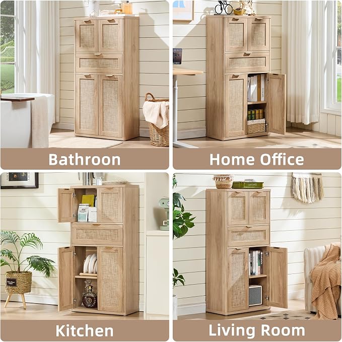 LEYAOYAO 48" Tall Storage Cabinet, Rattan Bathroom Floor Cabinets - Image 4