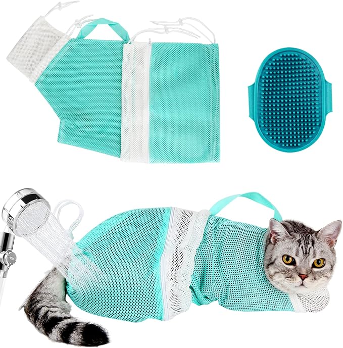 Cat Bag for Bathing Set with Grooming Washing Bag Adjustable Pet Shower Brush by AMEAMI