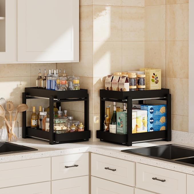 2 Pack Under Sink Organizer, Bamboo Wooden 2-Tier Pull-Out Storage - Image 6