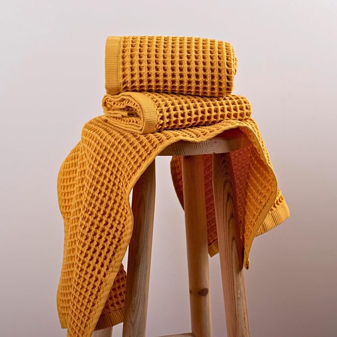 PÜSKÜL Organic Waffle Kitchen Towel 100% Turkish Cotton Set of 3 Mustard Yellow - Image 6