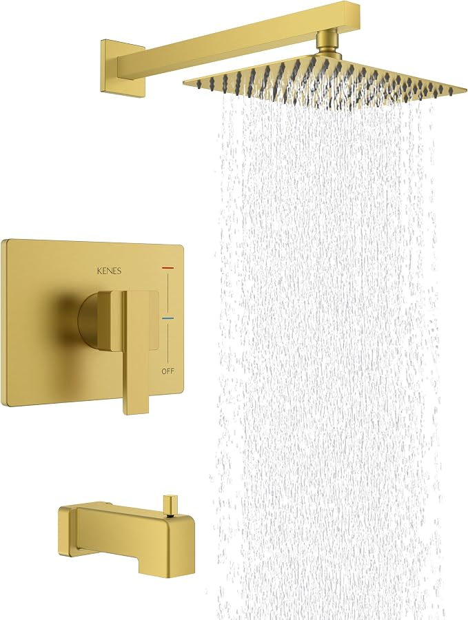 KENES Brushed Gold Tub and Shower Trim Kit, Square Tub Shower Faucet Set by KENESBathroomKitchen