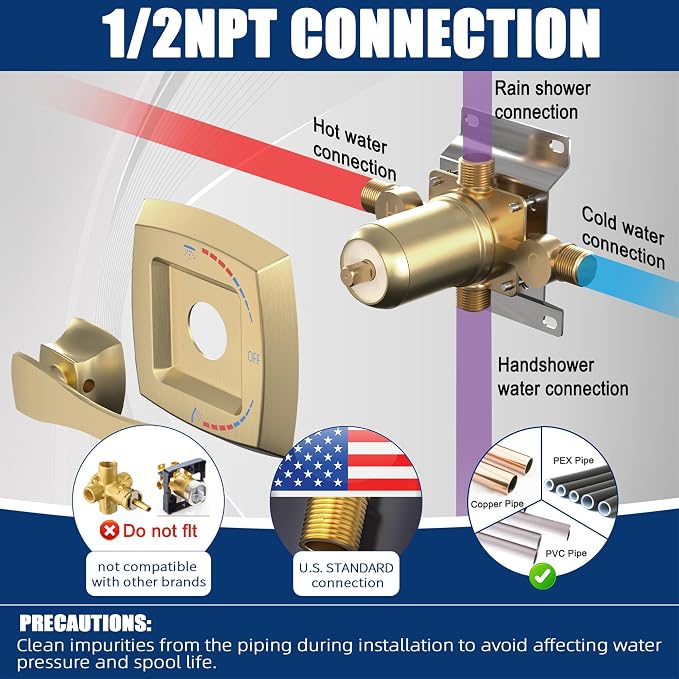 Brushed Gold Shower Mixer Valve 2 Way Diverter, Dual-Function Pressure Balance - Image 7