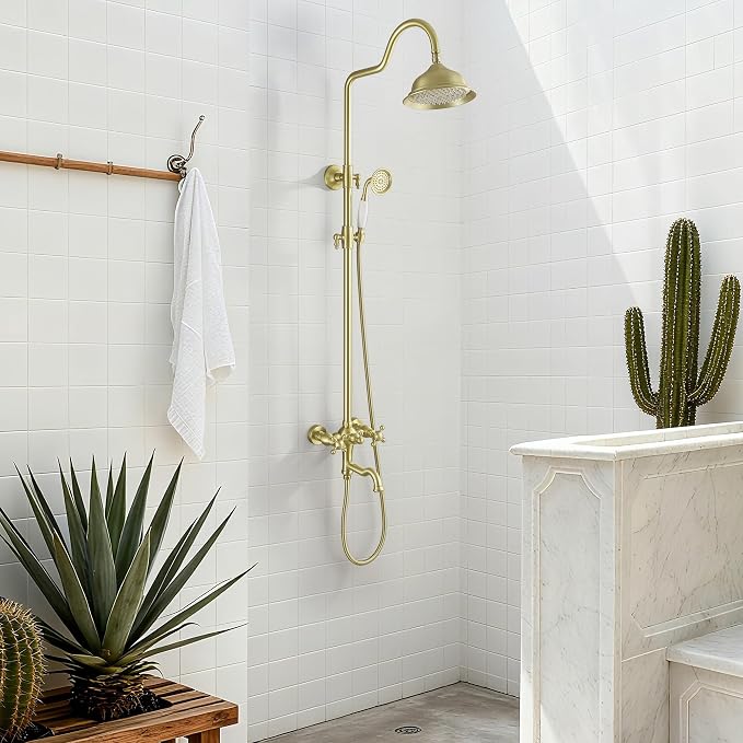 Exposed Shower System Brushed Gold, Antique Brass Shower Faucet Set by Chalirs