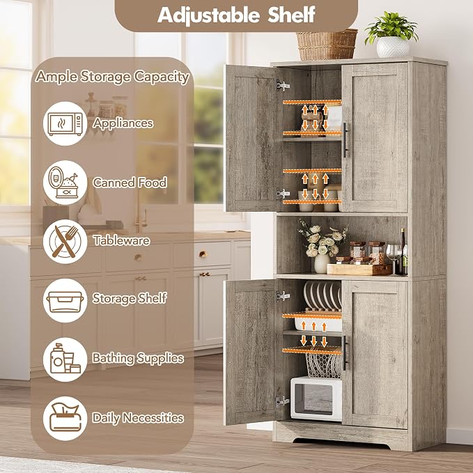 IDEALHOUSE Pantry Cabinet, Freestanding Cupboard, Tall Storage Cabinet - Image 4