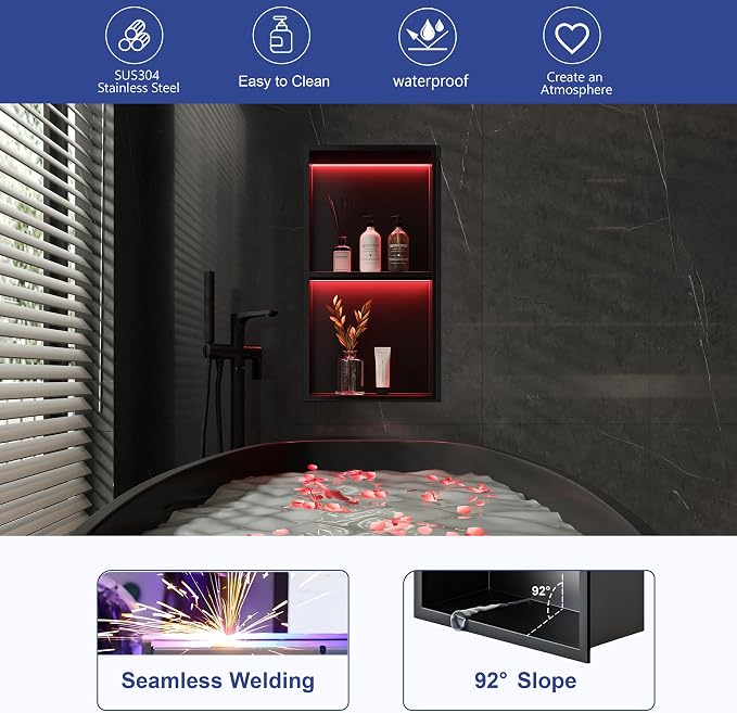 2-Tiers 12x24 Shower Niche, RGB LED Light Strips, Matte Black Wall Cabinet Shlef - Image 5