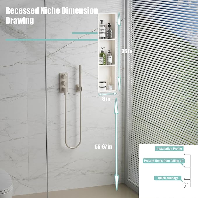 Narrow Shower Niche with Shelf，Stainless Steel recessed Wall Niche ，Three-Tier - Image 2