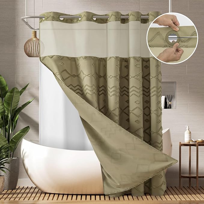 No Hooks Shower Curtain with Snap-in Liner, Taupe Boho Fabric Tufted Chevron by PANGSINNEDirect