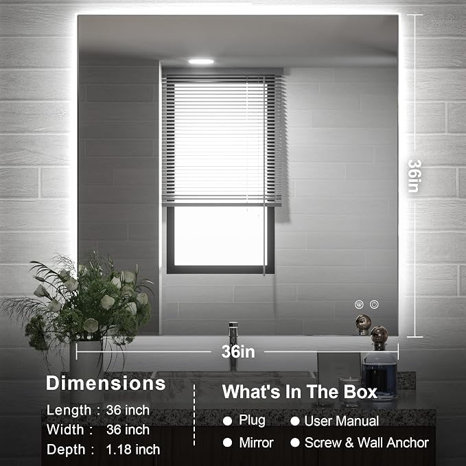 TETOTE 36x36Inch LED Backlit Bathroom Mirror - Image 6