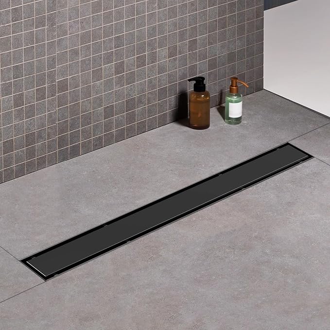Offset Linear Shower Drain, Brushed 304 Stainless Steel Side Outlet Black Floor - Image 3