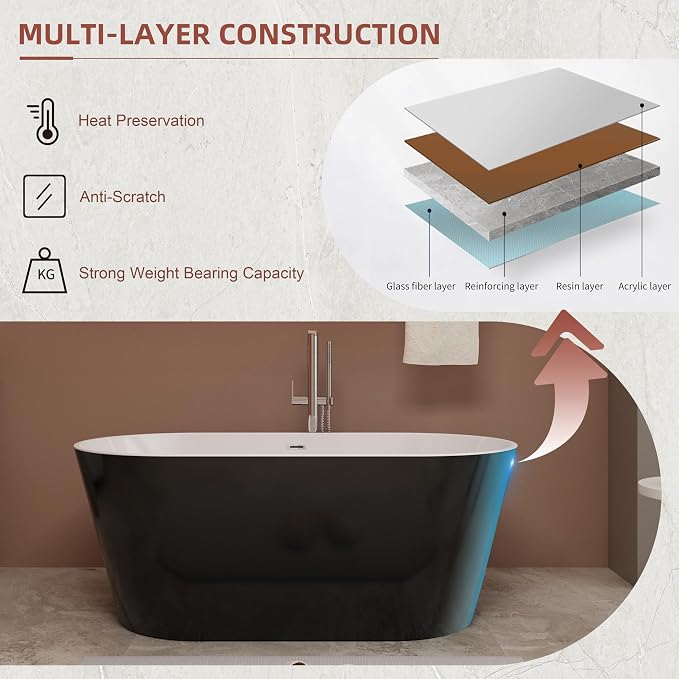 Black 59 inch Freestanding Soaking Bathtub, WHALEKING Modern Stand Alone Free - Image 4