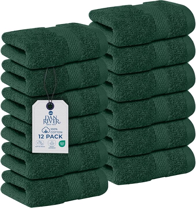DAN RIVER 12-Pack Premium 100% Cotton Huntergreen Face Towels – Reusable Face by DanRiver
