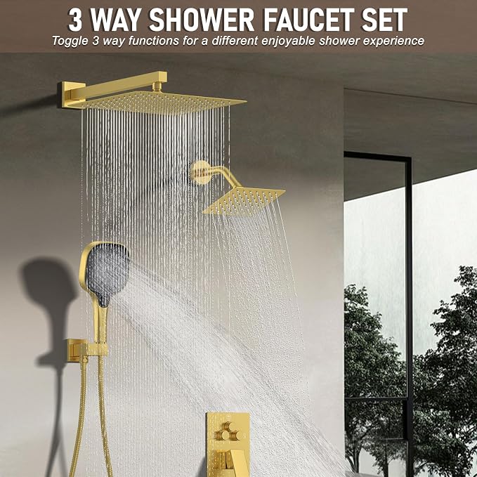 Shower Faucet Set Brushed Gold Shower System, Push Button Diverter 3-Way Shower - Image 7