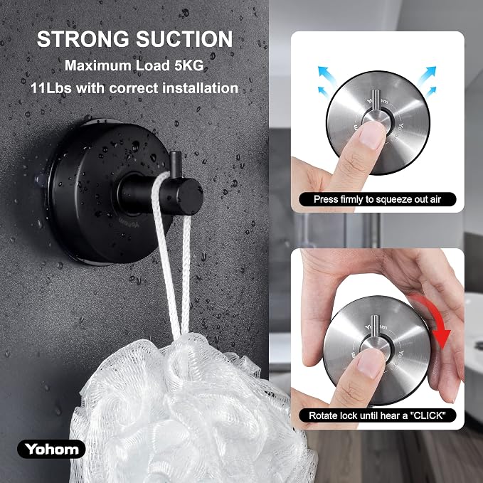 YOHOM Suction Cup Hooks Shower Towel Holder Stainless Steel Vacuum Bathroom - Image 3