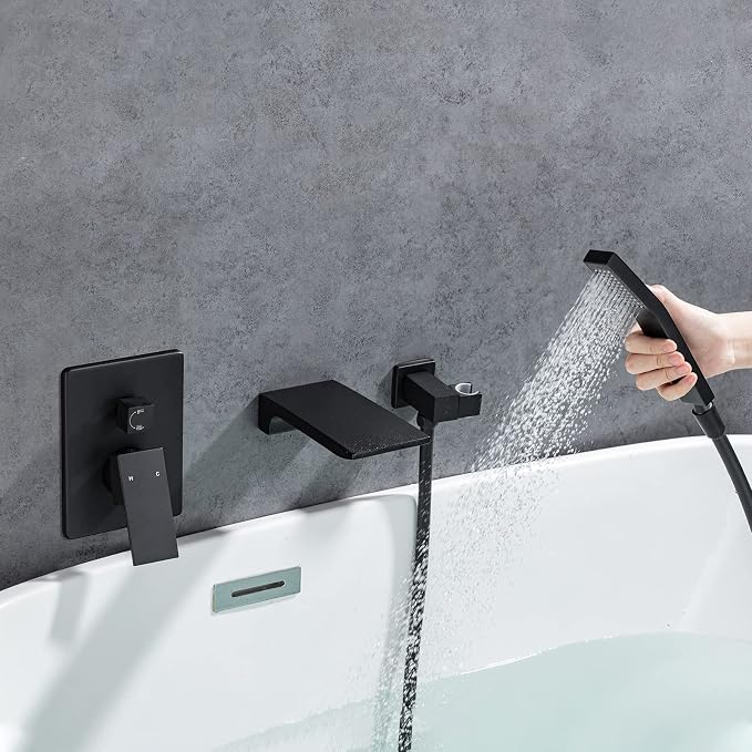 Roman Tub Filler Faucet with Waterfall Spout Wall Mounted Single Handle Bathtub - Image 6