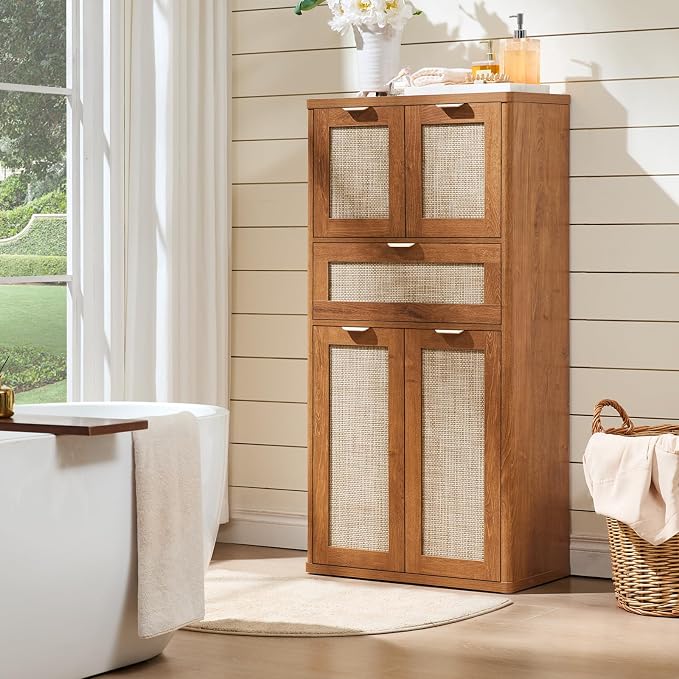 LEYAOYAO 48" Tall Storage Cabinet Set of 2, Rattan Bathroom Floor Cabinets - Image 7
