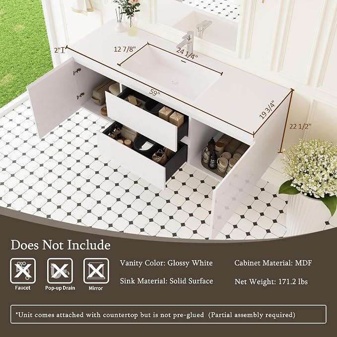 Modern 60" Floating Bathroom Vanity - Image 6
