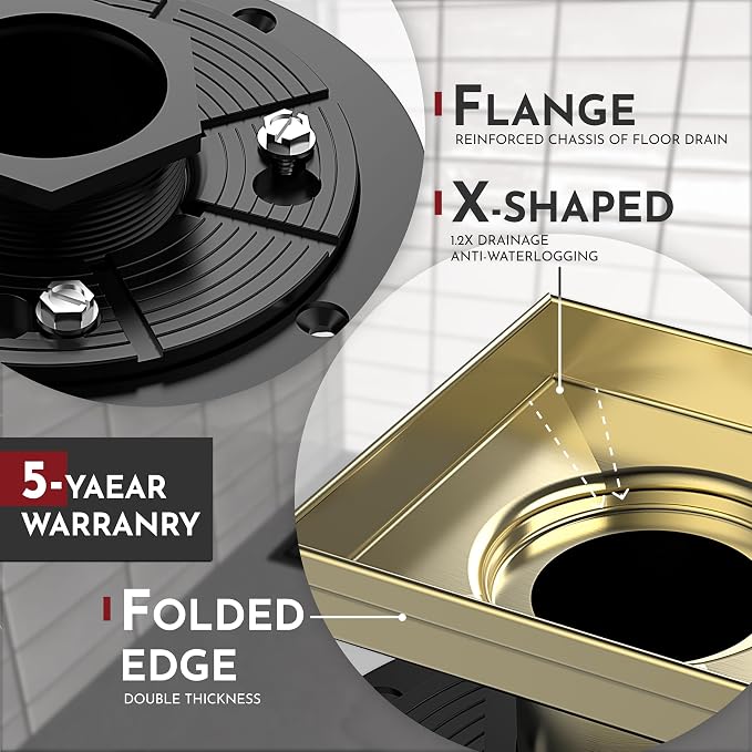 WEBANG 4 Inch Square Shower Drain Gold Floor Drain - Image 3