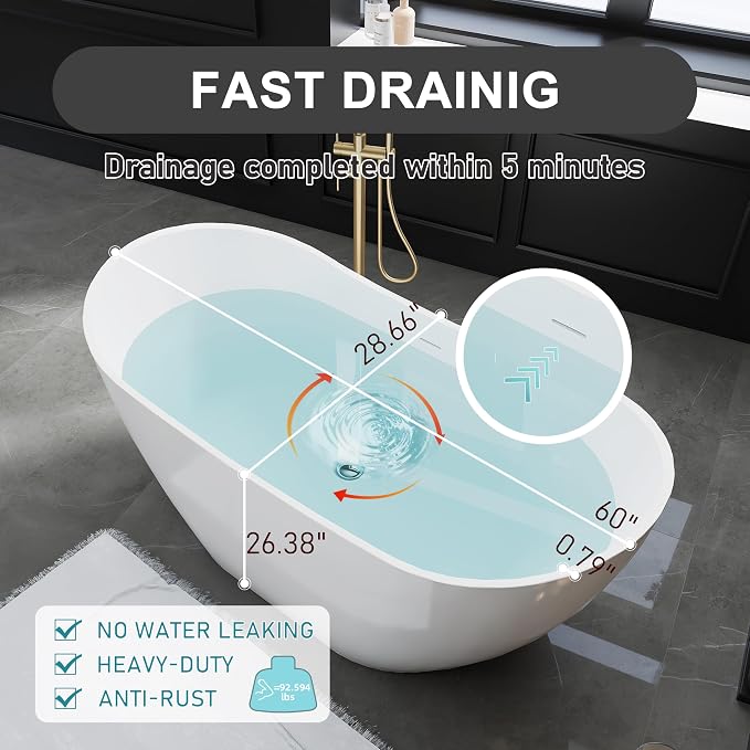 60" Acrylic Freestanding Bathtubs, High-back Stand Alone Tub, Soaking Tubs - Image 2