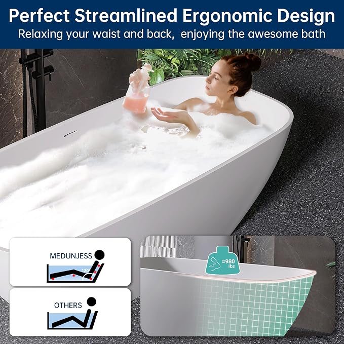 67'' Freestanding Bathtub Resin Stone Deep Soaking Tubs Solid Surface Matte Tub - Image 7