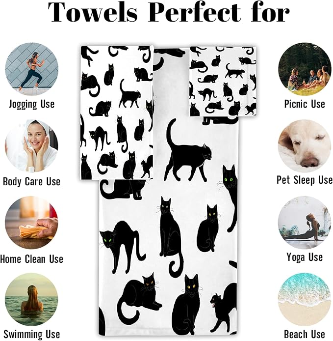 Black Cats 3 Piece Towel Bathroom Sets, 1 Bath Towel, 1 Washcloth, 1 Hand Towel - Image 3