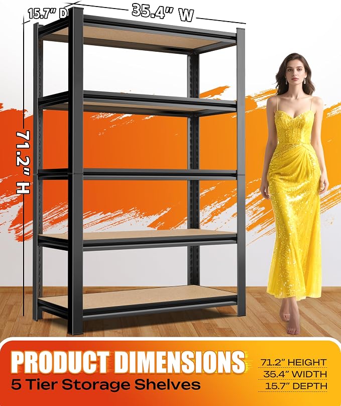 Set of 5 Garage Shelving 5-Tier Heavy Duty Storage Shelves, Adjustable Metal - Image 3