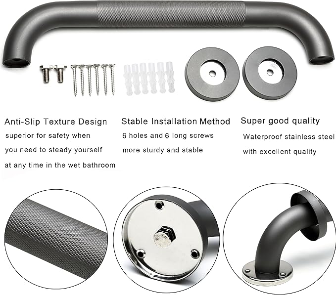 Shower Grab Bar, 2 Pack 24 Inch Gray Bathroom Grab Bar, 1.25" Diameter 304 - Image 3