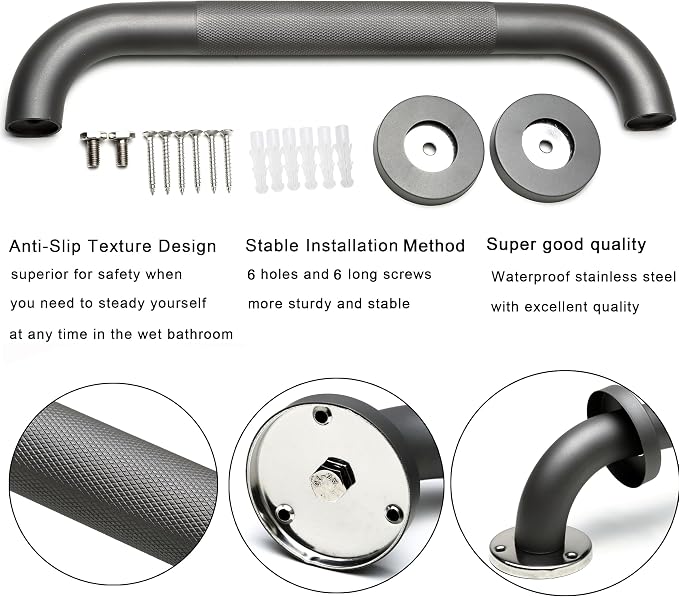 Shower Grab Bar, 2 Pack 16 Inch Gray Bathroom Grab Bar, 1.25" Diameter 304 - Image 3