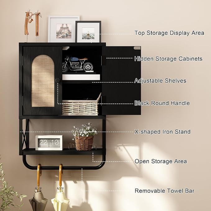 RUSTOWN Rattan Bathroom Wall Cabinet, Boho Over The Toilet Storage Cabinet - Image 8