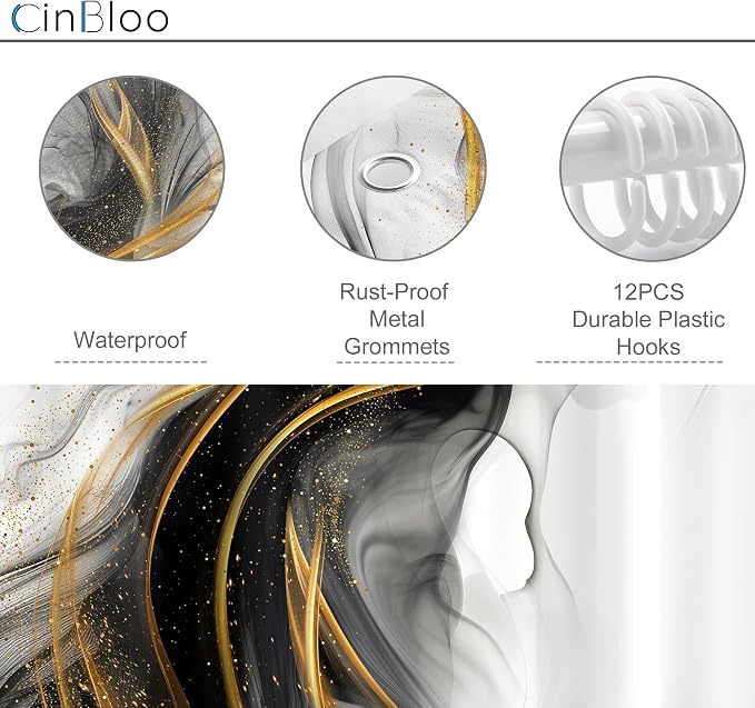Cinbloo Black and Gold Marble 72Wx72H Shower Curtain Abstract Ink Texture - Image 5