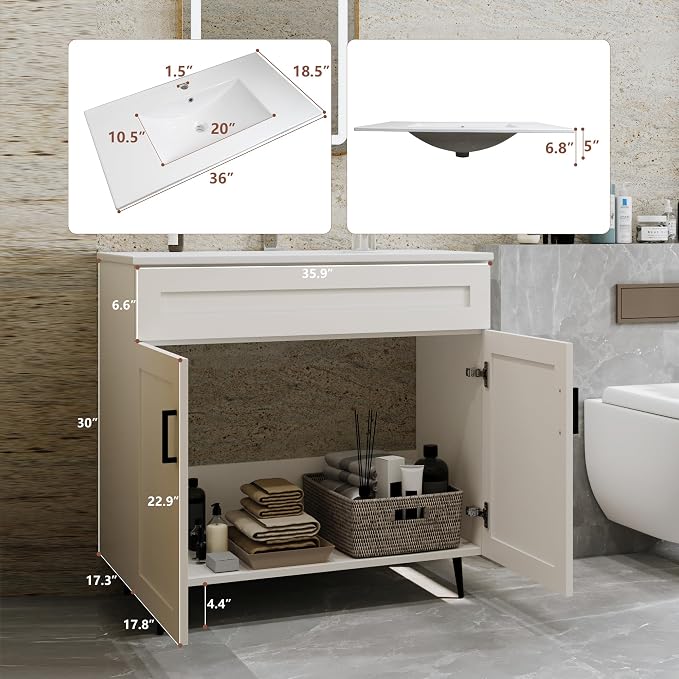 36" Bathroom Vanity with Sink, Freestanding Wooden Bathroom Vanity with 2 Doors - Image 2