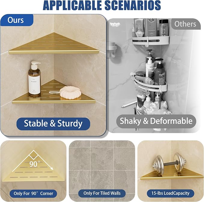 Neodrain 10 Inch Golden Corner Shower Shelves, 304 Stainless Steel Shower - Image 4