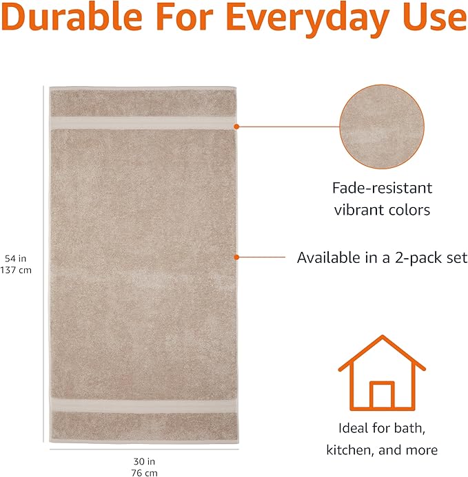 Amazon Basics Fade-Resistant 100% Cotton Bath Towel, 2 Pack - Image 3
