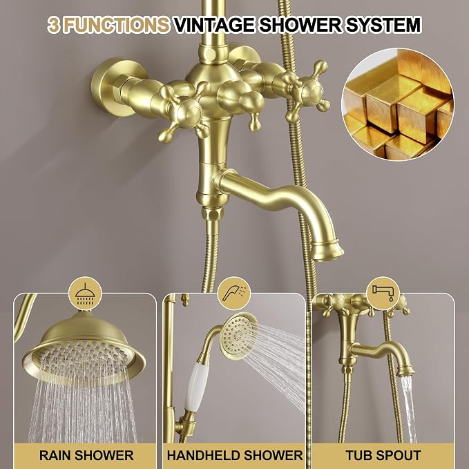 Exposed Shower System Brushed Gold, Antique Brass Shower Faucet Set - Image 2