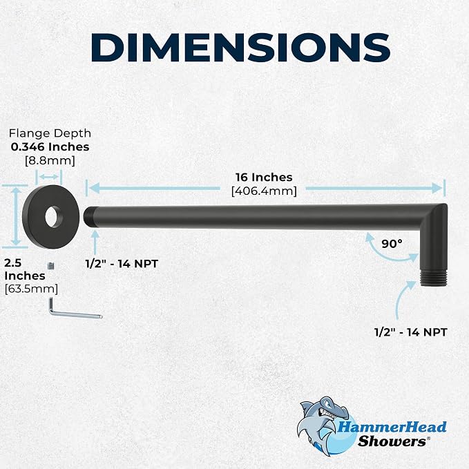 HammerHead Showers® Solid Metal 16 Inch Extended Shower Arm and Flange - Image 2