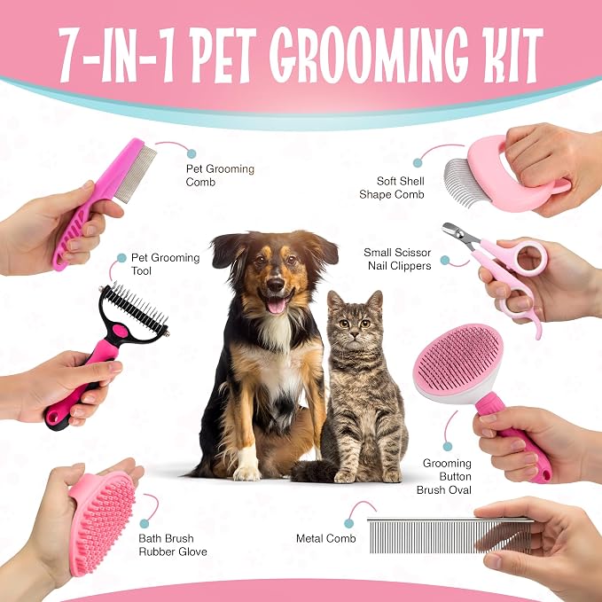 7-in-1 Pet Grooming Kit for Dogs & Cats Deshedding Brush, Bath Brush, Flea Comb - Image 2