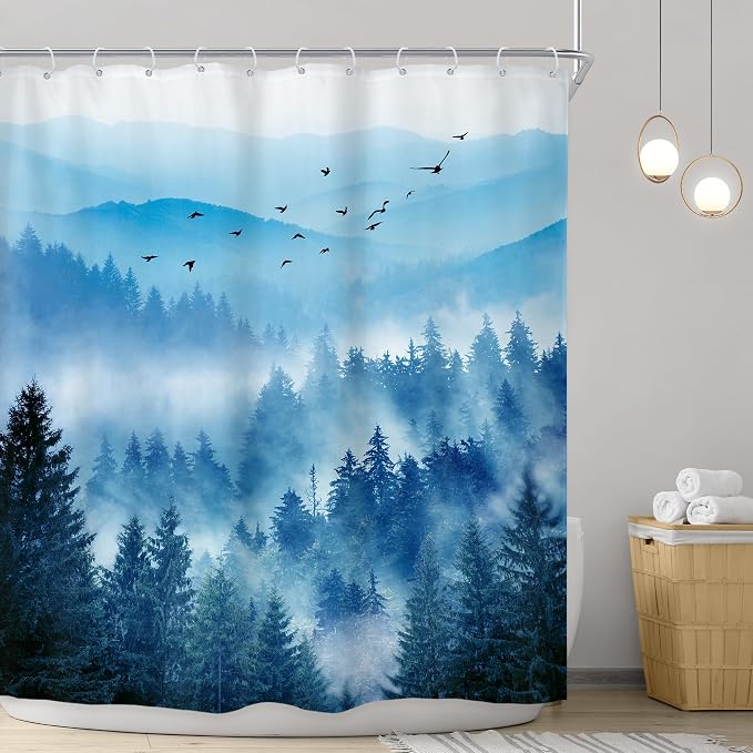 Riyidecor Navy Blue Mountain Shower Curtain 72Wx84H Inch Extra Long Woodland - Image 2