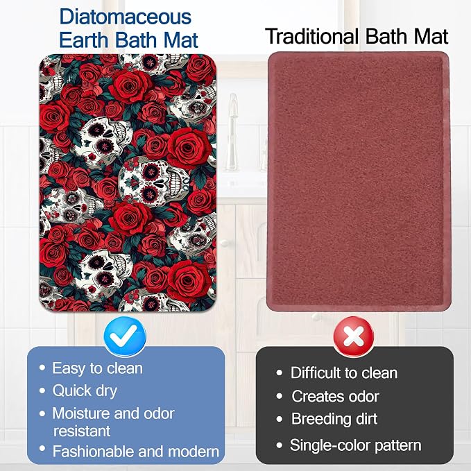 Elightvap Skull Red Rose Bathroom Rugs Mat Non Slip Absorbent Quick Dry Rug - Image 5
