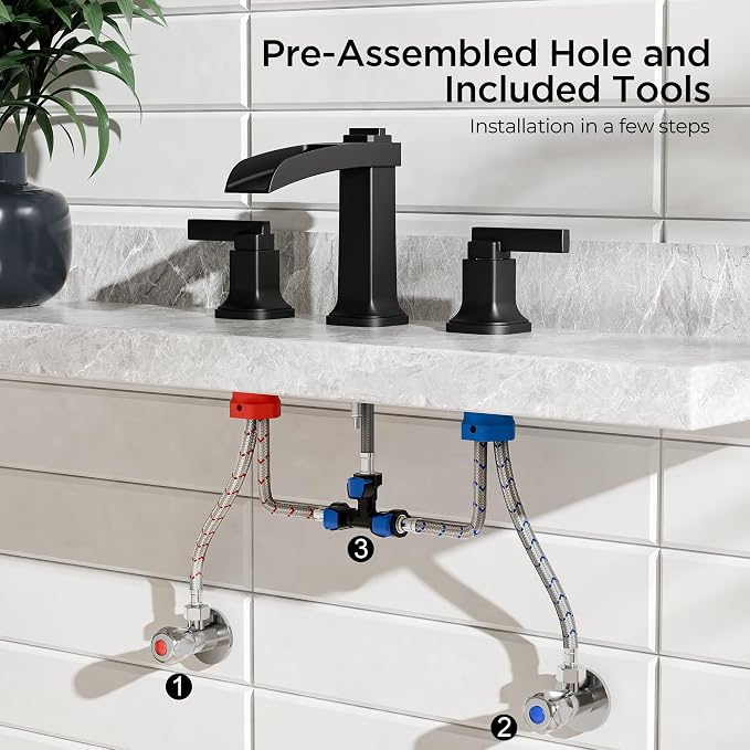 FORIOUS Brass Matte Black Commercial Bathroom Faucets 3 Hole, Waterfall Modern - Image 5