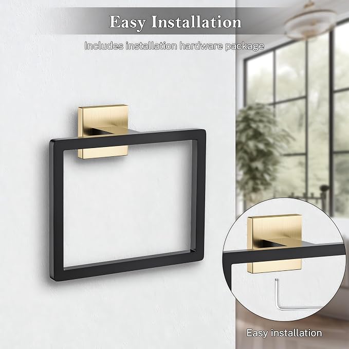 Black and Gold Towel Ring Square Hand Towel Holder Towel Hanger Bathroom - Image 2