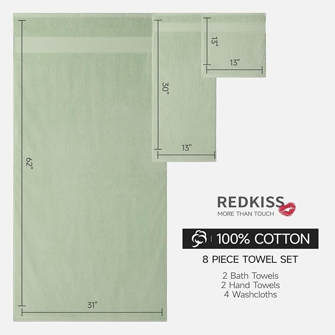 REDKISS Green Towel Set of 8-100% Cotton Luxury Bath Towels Set - Image 3